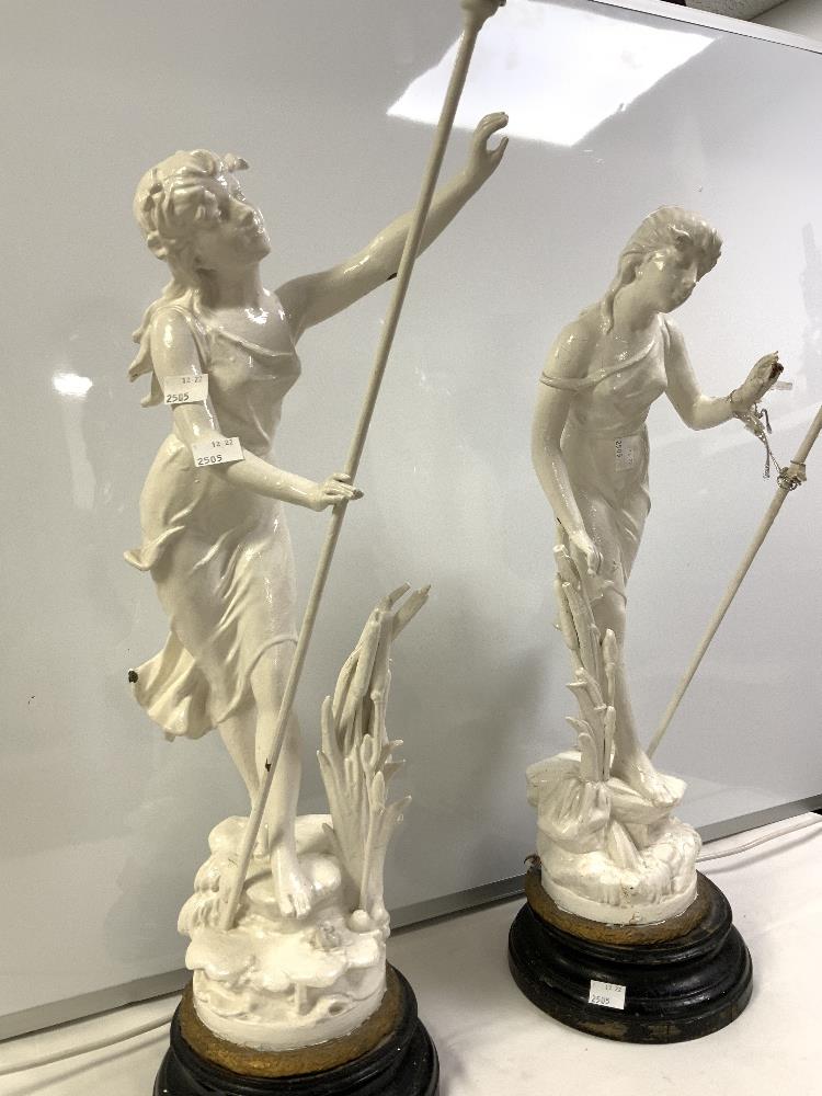 A PAIR OF LATE VICTORIAN PAINTED SPELTER CLASSICAL FIGURE LAMPS. 60 CMS. - Image 2 of 6