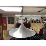 A RETRO ALLUMINIUM TULIP SHAPED HANGING LAMP, 60CMS DIAMETER.