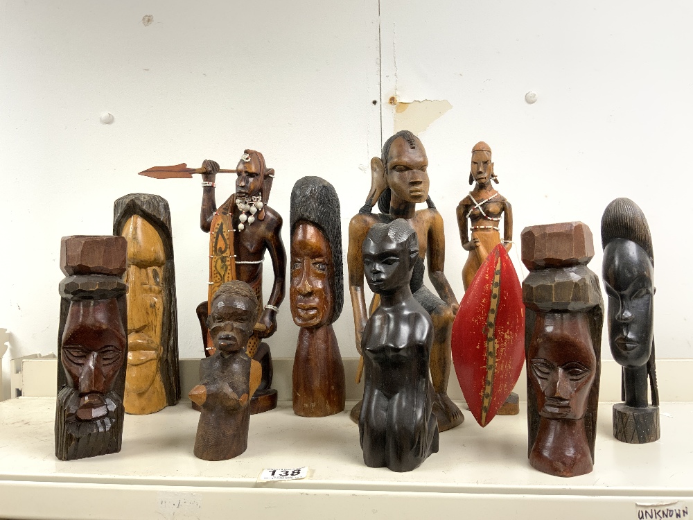 THREE CARVED WOODEN TRIBAL FIGURES, AND SEVEN FIGURES, 33CMS TALLEST. - Image 2 of 3