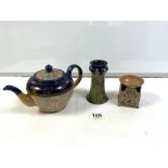 DOULTON STONEWARE GLAZED SALT, 8.5 CMS, ROYAL DOULTON SPILL VASE AND A SIMILAR TEA POT.