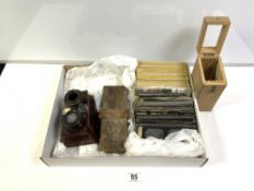A VICTORIAN MAHOGANY STEREO PHOTO VIEWER, AND VICTORIAN GLASS PHOTOGRAPHIC SLIDES AND CARD