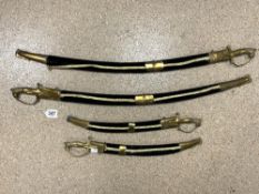 A PAIR OF REPRODUCTION BRASS HANDLED SABRE SWORDS AND MATCHING SHORT SWORDS.30