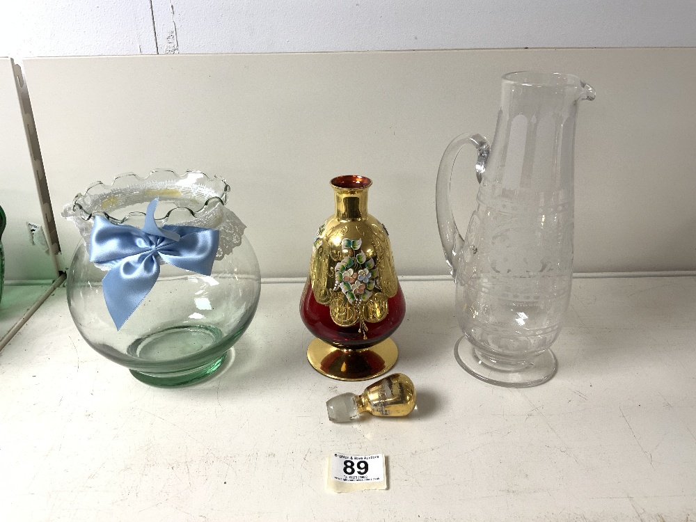 ETCHED GLASS CLARET JUG 25 CMS, RUBY GLASS BASKET, RED AND GOLD GLASS LIQUER SET, ETC. - Image 9 of 9