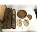 FOUR AFRICAN CARVED WOODEN AND STONES GAMES, A WOODEN BOWL ETC.