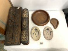 FOUR AFRICAN CARVED WOODEN AND STONES GAMES, A WOODEN BOWL ETC.