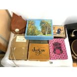 SEVEN VINTAGE BOXED WOODEN JIG-SAW PUZZLES, AND A BAG OF LOOSE WOODEN PIECES.