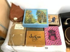 SEVEN VINTAGE BOXED WOODEN JIG-SAW PUZZLES, AND A BAG OF LOOSE WOODEN PIECES.