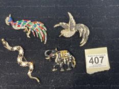 FOUR ANIMAL COSTUME JEWELERY BROOCHES- TWO BIRDS, ELEPHANT, AND A SNAKE.