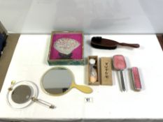 A CHINESE CARVED MOTHER-OF-PEARL SHELL IN A GLASS CASE, HAND MIRRORS AND BRUSHES ETC.