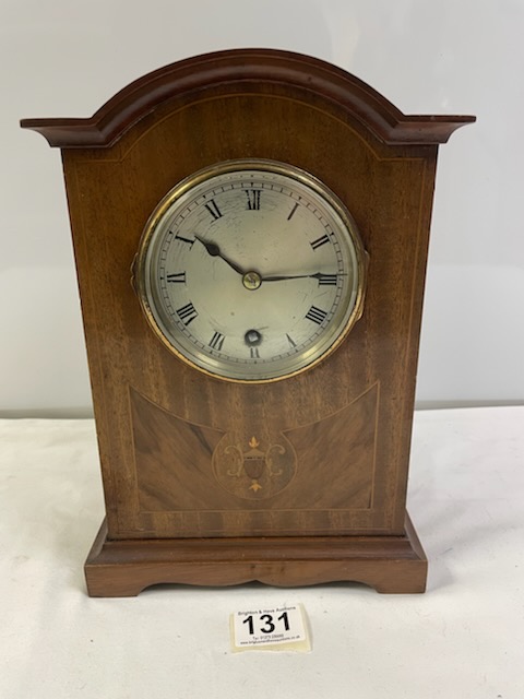 EDWARDIAN INLAID MAHOGANY MANTEL CLOCK, WITH SILVERED DIAL, BY ASTRAL COVENTRY. 29X20