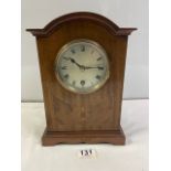 EDWARDIAN INLAID MAHOGANY MANTEL CLOCK, WITH SILVERED DIAL, BY ASTRAL COVENTRY. 29X20