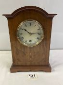 EDWARDIAN INLAID MAHOGANY MANTEL CLOCK, WITH SILVERED DIAL, BY ASTRAL COVENTRY. 29X20