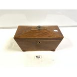 VICTORIAN MAHOGANY SARCHOPHAGUS SHAPED TEA CADDY ON BUN FEET, AND STRINGING INLAY.