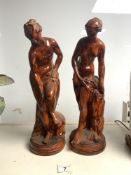 TWO PAINTED PLASTER FIGURES OF MAIDENS. 44CMS.