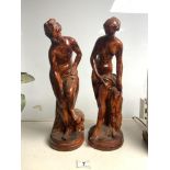 TWO PAINTED PLASTER FIGURES OF MAIDENS. 44CMS.