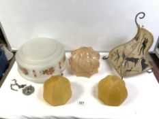 A 1930"S FLORAL DECORATED CEILING LIGHT, THREE MOTTLED GLASS SHADES, AND A PIG SKIN SHADE.