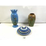 A ROYAL DOULTON FLORAL DCORATED STONEWARE VASE, 23 CMS, AND A T G GREEN BLUE AND WHITE BUTTER