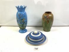 A ROYAL DOULTON FLORAL DCORATED STONEWARE VASE, 23 CMS, AND A T G GREEN BLUE AND WHITE BUTTER