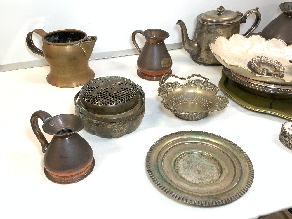 A QUANTITY OF MIXED METALWARE, CHINESE HAND-WARMERS, A GRADUATING SET OF SMALL COPPER JUGS, PLATED - Image 2 of 7