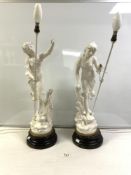 A PAIR OF LATE VICTORIAN PAINTED SPELTER CLASSICAL FIGURE LAMPS. 60 CMS.