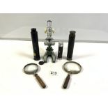 A VINTAGE TASCO 600X MICROSCOPE, TWO MAGNIFYING GLASSES, GOODHALL OF LONDON THREE DRAWER
