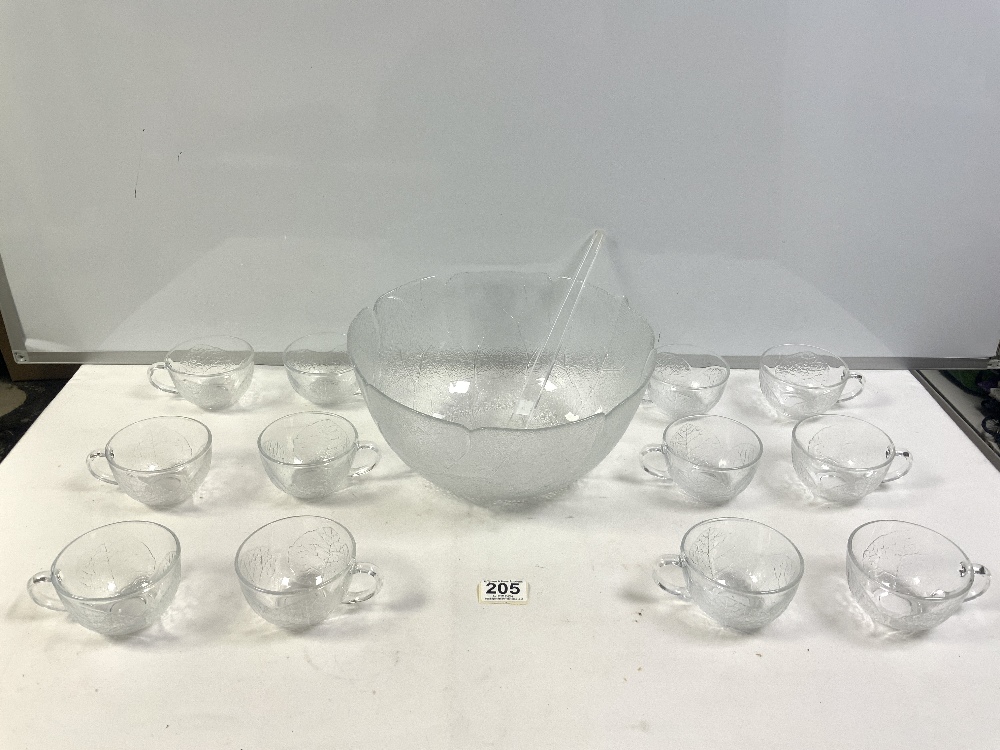 A MOULDED GLASS LEAF DESIGN PUNCH BOWL AND TWELVE MATCHING CUPS.