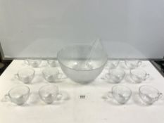 A MOULDED GLASS LEAF DESIGN PUNCH BOWL AND TWELVE MATCHING CUPS.