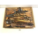 A QUANTITY OF TRIBAL WOODEN SPOONS, FORKS, COOMBS, KNIVES ETC.