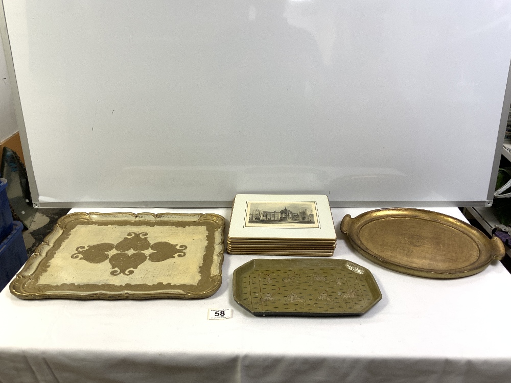 TWO GILT DECORATED TEA TRAYS, A SMALL LAQUERED INDIAN TRAY AND SET OF EIGHT SCENIC PLACE MATS. - Image 2 of 5