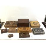 A VICTORIAN MAHOGANY BOX,TWO CARVED INDIAN BOXES, VINTAGE WOODEN CLAMP, ETC.