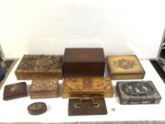 A VICTORIAN MAHOGANY BOX,TWO CARVED INDIAN BOXES, VINTAGE WOODEN CLAMP, ETC.