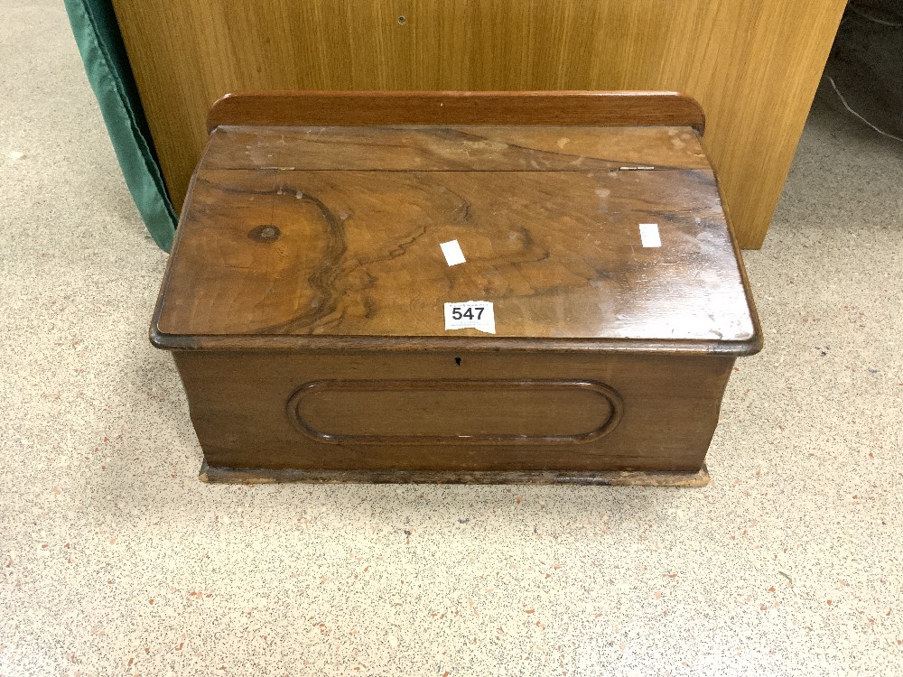 A LATE VICTORIAN BURR WALNUT AND MAHOGANY SLOPING TOP BOX.