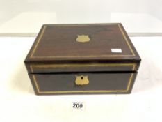 A VICTORIAN ROSEWOOD AND BRASS INLAID WRITING SLOPE, 30CMS.