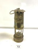 A BRASS MINERS LAMP-E THOMAS AND WILLIAMS LTD. NO 138388, 26CMS.