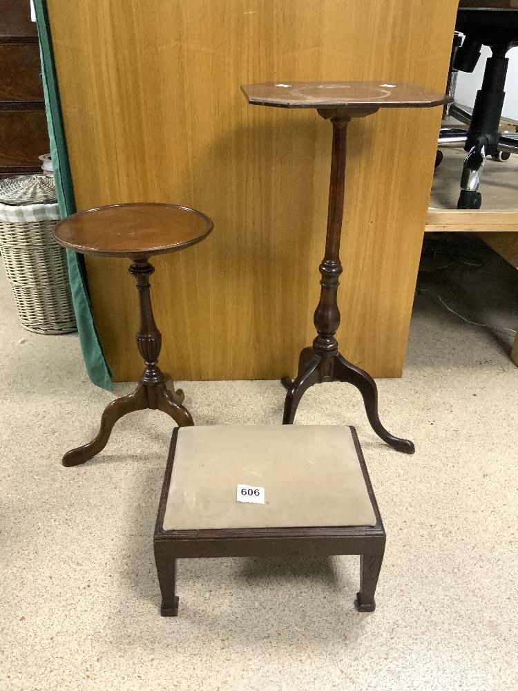 TWO ANTIQUE MAHOGANY TRIPOD LEG WINE TABLES 72.5 CM HIGH AND 51CM AND FOOT STOOL - Image 3 of 3