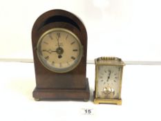 EDWARDIAN MAHOGANY DOME TOP MANTEL CLOCK WITH PAINTED DIAL, {SOME LOSS OF PAINT} AND A GERMAN 8