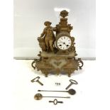 A LATE 19 CENTURY FRENCH GILT SPELTER AND ALABASTER FIGURAL MANTEL CLOCK, WITH ENAMEL DIAL A/F, [