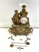 A LATE 19 CENTURY FRENCH GILT SPELTER AND ALABASTER FIGURAL MANTEL CLOCK, WITH ENAMEL DIAL A/F, [