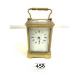 LARGE BRASS CARRIAGE CLOCK WITH STRIKING MOVEMENT & WHITE ENAMEL DIAL WITH KEY