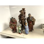 CHINESE POTTERY FIGURE OF ZHONG KUI. A/F, 28CMS, THREE OTHER CHINESE POTTERY FIGURES, AND A CARVED