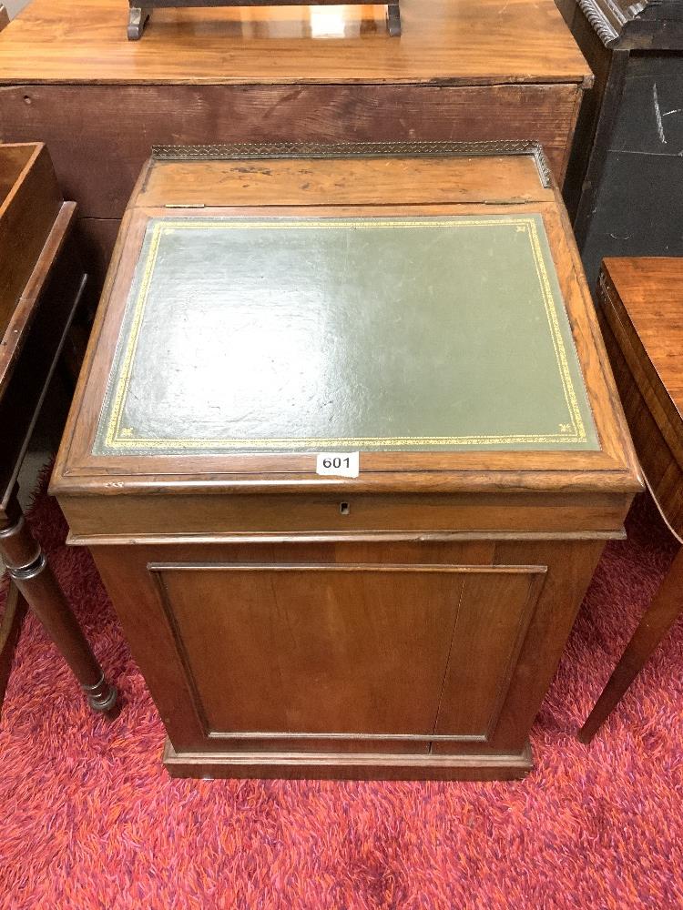 VICTORIAN ROSEWOOD SLIDING TOP DAVENPORT WITH SLIDE AND FOUR DRAWS AND GREEN TOOLED LEATHER AND