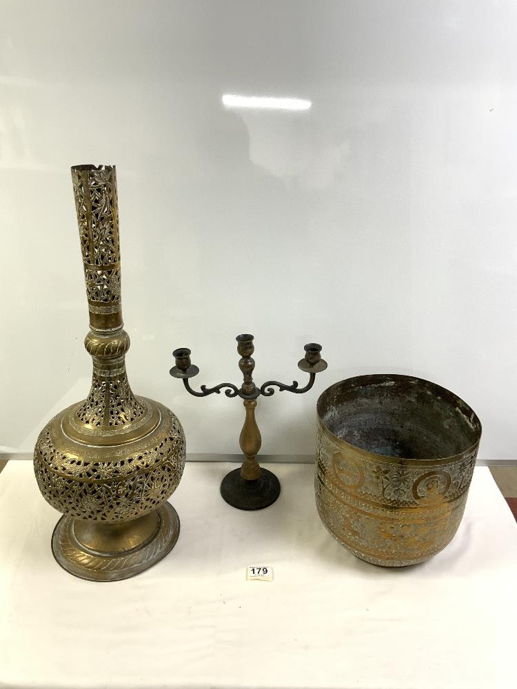 A INDIAN TALL PIERCED AND ORNATE BRASS VASE, 66CMS, AND ENGRAVED INDIAN BRASS JARDINERE, AND A THREE