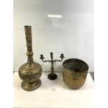 A INDIAN TALL PIERCED AND ORNATE BRASS VASE, 66CMS, AND ENGRAVED INDIAN BRASS JARDINERE, AND A THREE