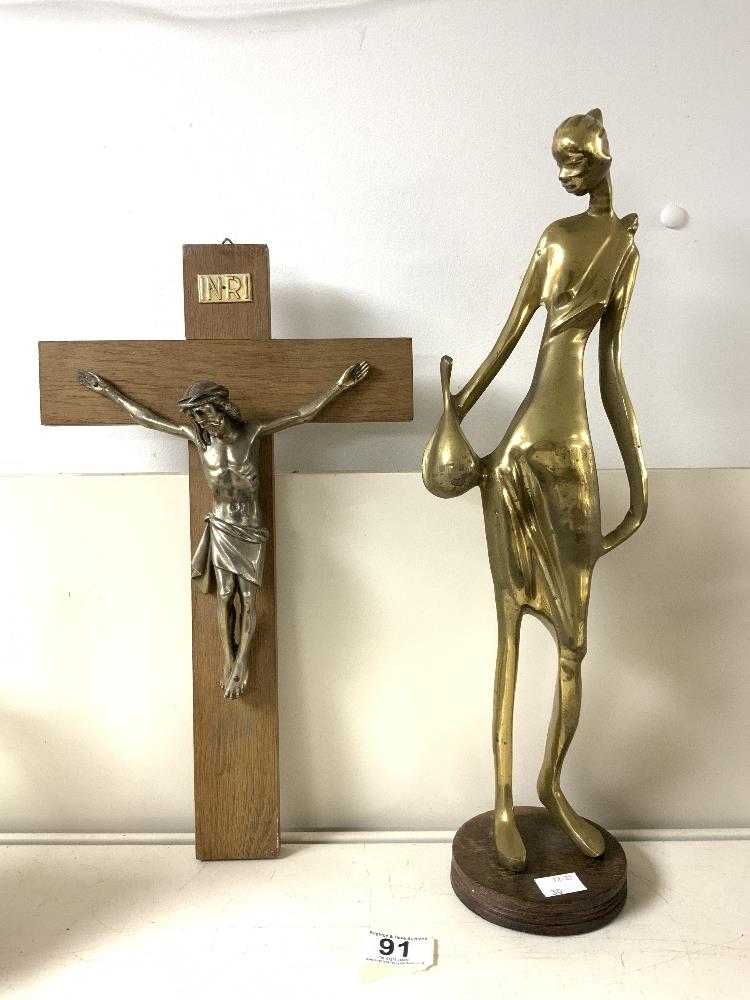 A BRASS FIGURE OF A LADY 46 CMS, AND A CRUCIFIX.