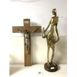 A BRASS FIGURE OF A LADY 46 CMS, AND A CRUCIFIX.