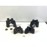 A PAIR OF BRESSER 7X50 BINOCULARS, FREEMANS 7X35 BINOCULARS, HALINA 8X30 BINOCULARS, AND ONE OTHER.