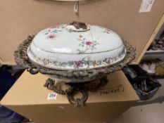 ANTIQUE CHINESE FAMILLE ROSE LIDDED BOWL A/F 30CM