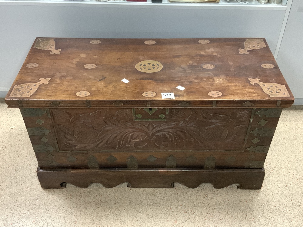 VICTORIAN WOODEN CARVED TRUNK WITH INTERNAL CANDLE BOX AND DECORATED TO THE TOP WITH BRASS 95 X 49 X