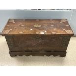 VICTORIAN WOODEN CARVED TRUNK WITH INTERNAL CANDLE BOX AND DECORATED TO THE TOP WITH BRASS 95 X 49 X