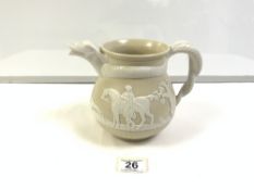 19TH CENTURY STAFFORDSHIRE POTTERY JASPERWARE JUG 17CM